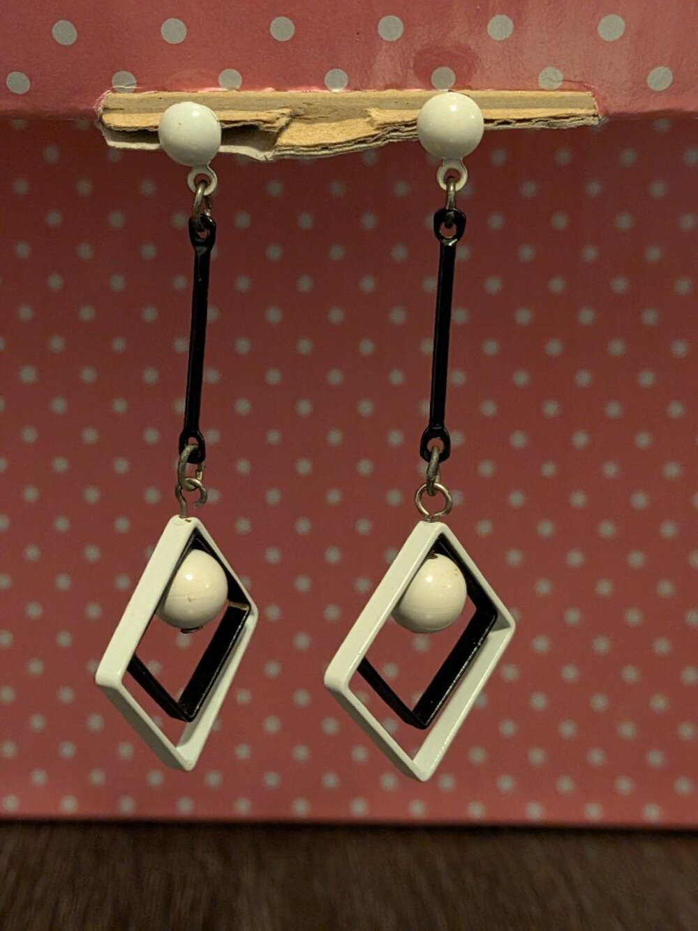 Vintage Black White Mod Geometric Dangle Statement Earrings